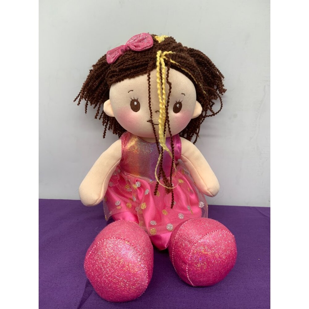 Linzy 15 Inch Coral Pink Plush Rag Doll Sweet Cakes Brown Hair and Eyes